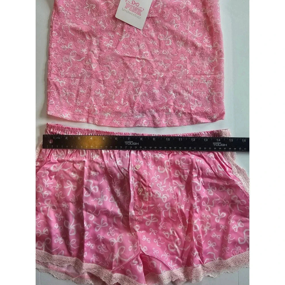 PINK LoveShackFancy Pajama Set Womens M Pink Lace Cami Shorts Coquette - Picture 7 of 8